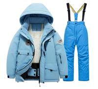 Boys Girls Winter Ski Jacket & Pants Set 2-Piece Snowsuit, Kids Ski Suit Warm Hoodie Down Coat & Bib Pants Set Outfit Children's Casual Sibling Clothing Sets (Blue, 7-8 Years)
