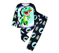 Boys Glow in Dark Pyjamas Set Kids Dinosaur Pajamas Cute Thermal Sleepwear 2 Piece Outfit Pjs Autumn Winter Long Sleeve Shirts Trousers Loungewear (Light Green, 7-8 Years)