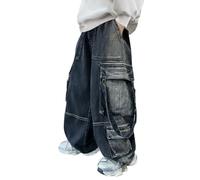 Boys' Goth Y2K Vintage Baggy Cargo Jeans Oversized Straight Leg Denim Pants with Fl p Pockets, Hip Hop Punk Streetwear for Teens (Black, 7-8 Years)