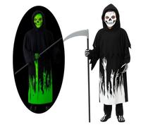 Boys Halloween Costume, Grim Reaper Outfit with Scythe and Gloves, Scary Skeleton Costume for Kids 10-12 Years, Polyester Fabric, Size L, Perfect for Trick or Treat and Halloween Parties