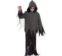Kids Grim Reaper Costume Black Robe Ghoul Scary Halloween Fancy Dress Outfit