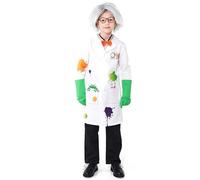 Boys Halloween Kids Mad Scientist Costume with Wig Frames Bow Tie Gloves 5Pc Kids Lab Coat Halloween Dress Up (White, 12-14 Years)
