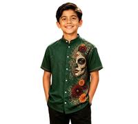 Boys Halloween Skeleton Shirt Collared Tee Costume | Boys Halloween Skeleton Print Button Front Shirt Short Sleeve Collared Tee Day of Dead Motif Costume Top