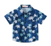 Boys Hawaii n Shirt, Tropical Print Button Down Shirts Summer Beach Casual Short Sleeve Top for Kids Dark Blue