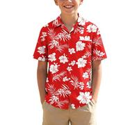 Boys Hawaiian Shirt 3-4 Years Kids Short Sleeve Hawaiian Floral Print Tops with Chest Pocket Lapel Collar Button Down Shirts Soft Breathable Summer Top for Daily Wear Beach Vacation Red