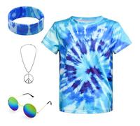Boys Hippie Costume 60s 70s Colorful Tie Dye T-Shirt 4pcs Accessory Set for Kids, blue, 4-5 Jahre
