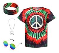 Boys Hippie Costume 60S 70s Colourful Tie Dye T-Shirt 4 Pieces Accessory Set for Children, black green, 11-12 Jahre