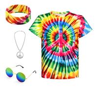 Boys Hippie Costume 60S 70s Colourful Tie Dye T-Shirt 4 Pieces Accessory Set for Children, blue red, 11-12 Jahre