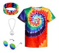 Boys Hippie Costume 60S 70s Colourful Tie Dye T-Shirt 4 Pieces Accessory Set for Children, Rainbow colour, 9-10 Jahre