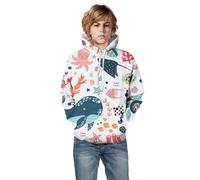 Boys Hoodie 3D Ocean Animals Printed Pullover Long Sleeve Cosy Kids Hooded Sweatshirt with Pocket for Everyday Fun Wear School Play Adventure (White,11-12 Years)
