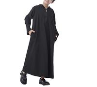 Boys Islamic Kaftan Muslim Thobe Ramadan Long Sleeve Maxi Cotton Prayer Robe Kids Casual Retro Arabic Abaya Outfit Dubai Jilbab Solid Color Half Zip Clothing with Pocket (Black, 5-6 Years)