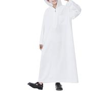 Boys Islamic Kaftan Muslim Thobe Ramadan Long Sleeve Maxi Cotton Prayer Robe Kids Casual Retro Arabic Abaya Outfit Dubai Jilbab Solid Color Half Zip Clothing with Pocket (White, 13-14 Years)