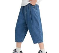 Boys Jeans Casual High Waist Elastic Straight Stretch Denim Pants, Kids Summer Capris Cropped Trousers Wide Leg Capri Jogging Bottoms Y2K Vintage Streetwear Blue 6-7 Years