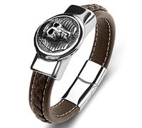 Boys' Leather Bracelets, Man Skull Leather Bracelets, Rocker Brown, Wrist Chain, Stainless Steel with Magnetic Clasp, Length 18.5 cm, Couple Gift, Faux Leather, Without zirconia