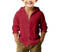Boys Linen Cardigan Thin Summer Button Open Front Hooded Jackets Youth Kids Beach Casual Solid Long Sleeve Shirts Tops Lightweight Soft Cute Trendy Hoodies (Red, 8-9 Years)