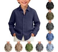 Boys Linen Shirt Button Down Long Sleeve Shirts Summer Casual Beach Vacation Outfit Solid School Uniform Henley Clothes Spring Loose Lightweight Breathable Fashion Clothing (Blue, 11-12 Years)