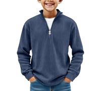 Boys' Long-Sleeve Quarter-Zip Pullover Corduroy Sweatshirt 14 Years, Kids Teens Loose Fit Ribbed Jumpers Half Zip Casual Hoodless Stand Collar Tops Spring Knit Sweater Navy