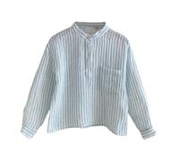 Boys Long Sleeve Shirts Double Layer Cotton Gauze Kids Shirt Mandarin Collar Half Placket Button Striped Tops with Chest Pocket Loose Fit Casual Top for School Days Light Blue 7 Years