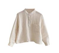 Boys Long Sleeve Shirts Double Layer Cotton Gauze Kids Shirt Mandarin Collar Half Placket Button Striped Tops with Chest Pocket Loose Fit Casual Top for School Days Khaki 7 Years