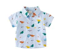 Boys' Long-Sleeved Shirt Little & Big Boys Short Sleeve Button Shirt Cartoon Dinosaur Pattern with Pockets for 2 to 8 Years Old Shirt with Holes Boys, sky blue, 5-6 Years