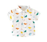 Boys' Long-Sleeved Shirt Little & Big Boys Short Sleeve Button Shirt Cartoon Dinosaur Pattern with Pockets for 2 to 8 Years Old Shirt with Holes Boys, White, 4-5 Years