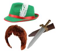 Boys Lost Boy Costume Set - Green Hat with Feather, Toy Sword and Sheath, Ginger Wig - Kids Fancy Dress Costume Accessories for World Book Day, School Events, Parties and Storybook Dress Up