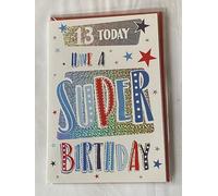 Boys Male Age 13 13th Thirteen Thirteenth 13 Today Have A Super Birthday Card White/Silver/Blue/Red Words/Stars Foil Detail(NC-VA145)