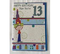 Boys Male Age 13 13th Thirteen Thirteenth Happy Birthday Now You're 13 Birthday Card White/Multi Boy Carrying Presents Glitter Detail(PH33497)