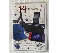 Boys Male Age 14 14th Fourteen Fourteenth 14 Today! Have A Great Day Birthday Card Techno Gadgets/Blue Cap Foil Detail(PH48407)