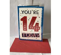 Boys Male Age 14 14th Fourteen Fourteenth You're 14 Today Birthday Card Red 14-Blue/Silver Words Foil Detail(PH43431-1B)