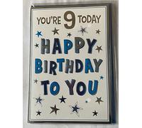 Boys Male Age 9 9th Nine Nineth You're 9 Today Happy Birthday To You Birthday Card White/Blue/Silver Words/Stars Foil Detail(NC-VA207)