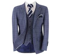 Boys' Matching Retro Check Tweed Suits Tailored Fit 3 Piece Set in Blue, Age 10 Years