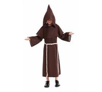 Boys Medieval Renaissance Monk Costume Outfits Kids Priest Friar Black Cloak Hooded Robe Cosplay Costume Belt Necklace Set (Brown, 10-12 Years)