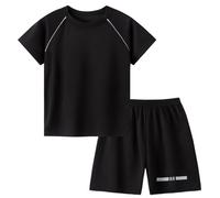 Boys Mesh Short Sleeve Reflective Stripe Sport Outfit Two Piece Set for Active Kids 1-10 Years (Black, 18-24 Months)