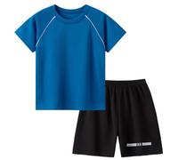 Boys Mesh Short Sleeve Reflective Stripe Sport Outfit Two Piece Set for Active Kids 1-10 Years (Sky Blue, 5-6 Years)