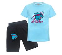 Boys Mr-Beast Tee Shirt Short-Sleeved Youth Cool Top Tee Girls Casual Black Red Lightning Cat T-Shirt For Kids Clothes Set Blue 9-10 Years
