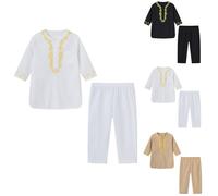 Boys Muslim Clothing Long Sleeve Kaftan Set Middle East Youth Embroidered Top with Pants Suit Islamic Abaya for Girls Kids Indian Dress Boys Thobe Islamic Clothing (White, 9-10 Years)