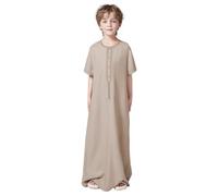 Boys Muslim Dress - Arabic Thobe Muslim Thobe Short Sleeve Embroidery Kaftan Crew Collar Robe With Button Up For Boys Girls (Khaki 5-6 Years)