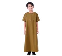 Boys Muslim Kaftan - Boys Ethnic Wear Middle Arabic Embroidered Short Sleeve Long Robe Set Traditional Muslim Outfit For Kids (Coffee 5-6 Years)