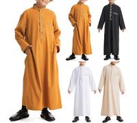 Boys Muslim Thobe Kids Arab Kandura with Ethnic Trim Ramadan Eid Outfit Stand Collar Long Sleeve Kaftan Baggy Prayer Clothing Pocket Full Cover Dishdasha (Black, 5-6 Years)