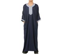 Boys Navy Moroccan Thobe Short Sleeve Gandoura Blue Embroidery Kaftan - Navy Blue 42