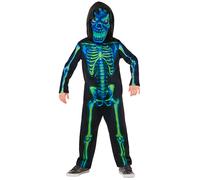 Boys Neon Green Skeleton Jumpsiut Costume Halloween Spooky Bones Fancy Dress