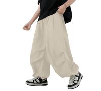Boys Oversized Harem Trousers Kids Adjustable Wide Leg Elastic High Waist Joggers Teens Straight Leg Y2K Plain Pants with Pockets Summer Lightweight Pants Spring School Trendy (Khaki, 13-14 Years)