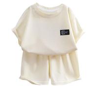 Boys Oversized Shorts Set Childrens Summer Short Sleeve Set Boys and Girls Thin Knit Short Sleeve Shorts Home Wear Air Conditioning Clothing (Beige, 5-6 Years)
