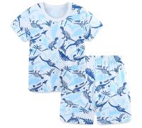 Boys' Pajama Set Short Sleeve Shirt Boys House Wear Sleep Cloth Allover Dinosaur World Cartoon Dino for 7-8Y Kids, White-Blue