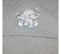 Boys Personalised Crown Elephant Hooded Bath Towel. (Grey)