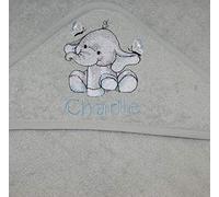Boys Personalised Elephant Hooded Bath Towel. (Grey)