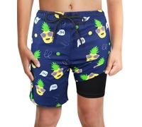 Boys Pineapple Navy Swim Trunks with Boxer Brief Liner Anti Chafe No Mesh Swimming Shorts Compression Lined 4-Way Stretchy UPF Quick Dry Pineapple Bathingsuit Size 14-16
