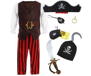 Boys Pirate Costume | 8 Pcs | Costume, Hats. Eye Patch, Earing, Coins, Hook & Sword - Large