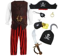 Boys Pirate Costume | 8 Pcs | Costume, Hats. Eye Patch, Earing, Coins, Hook & Sword - XLarge